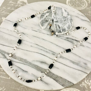 Glass Beaded Necklace Clear‎ Faceted with Black Accent Beads Simple Classic